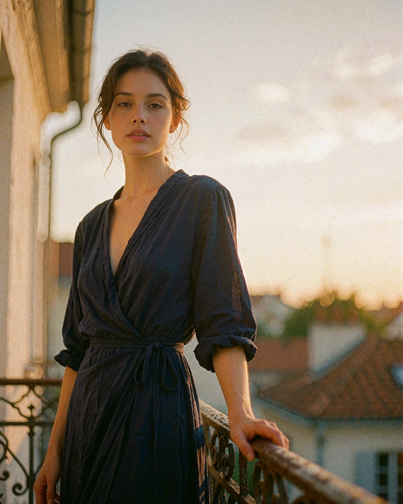 Sofia in a navy dress on an evening terrace above European rooftops