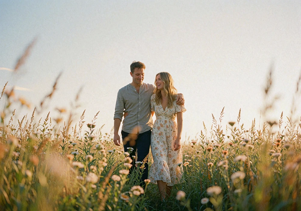 International couple walking together through a summer meadow at sunset