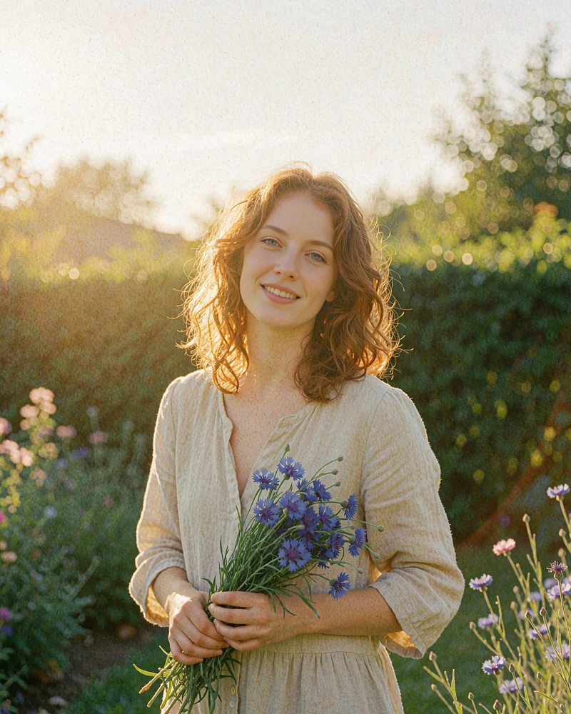 Irina holding cornflowers in a bright summer garden