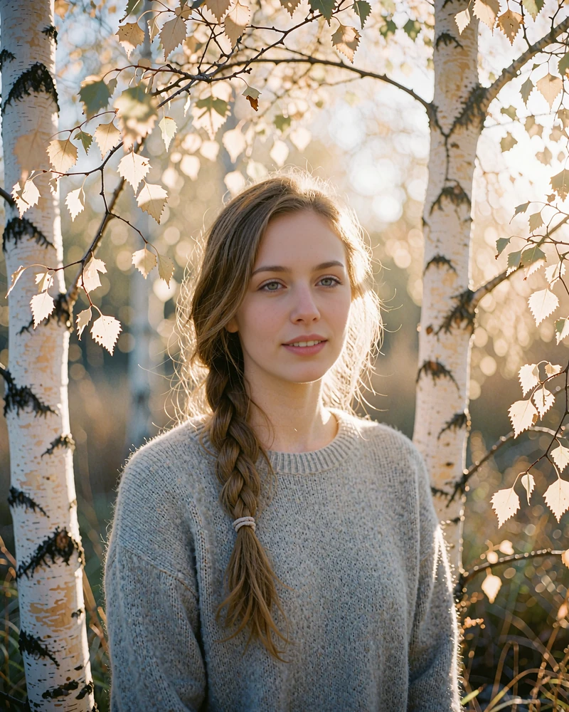 Alina with a side braid standing among softly lit birch trees