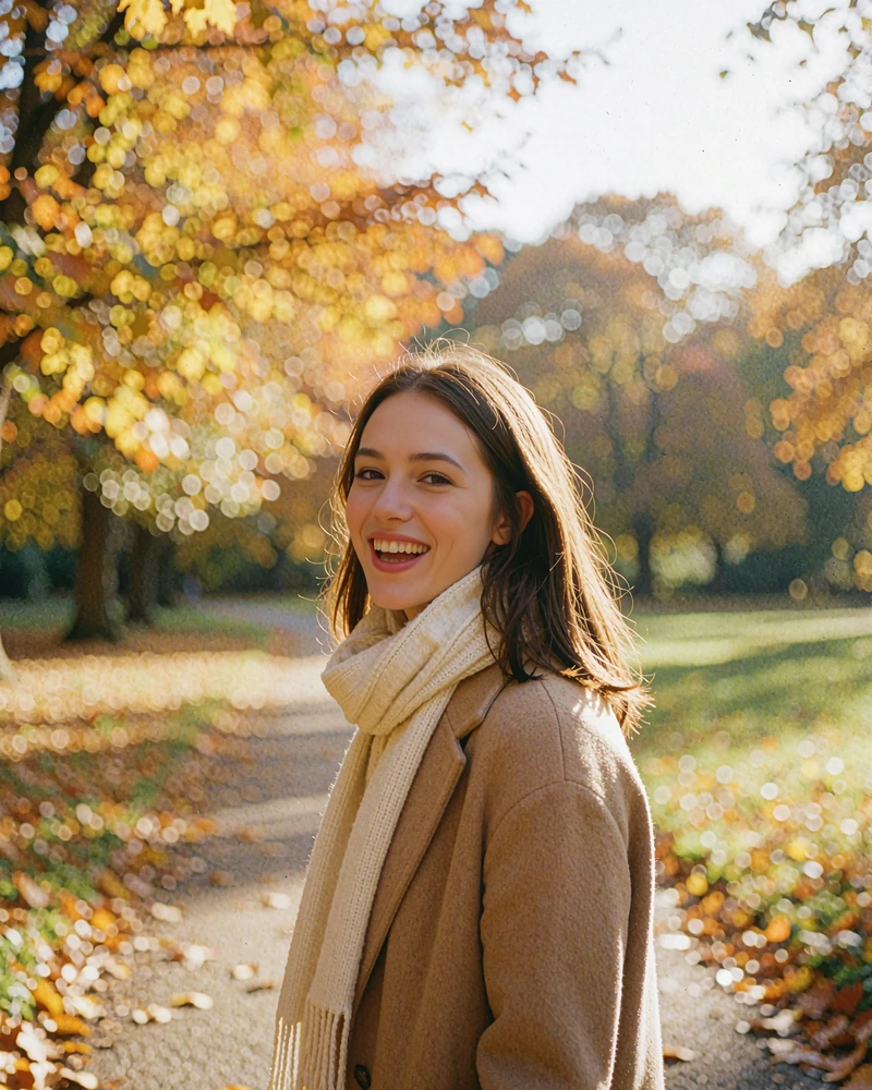 Petra laughing naturally while walking through a golden autumn park
