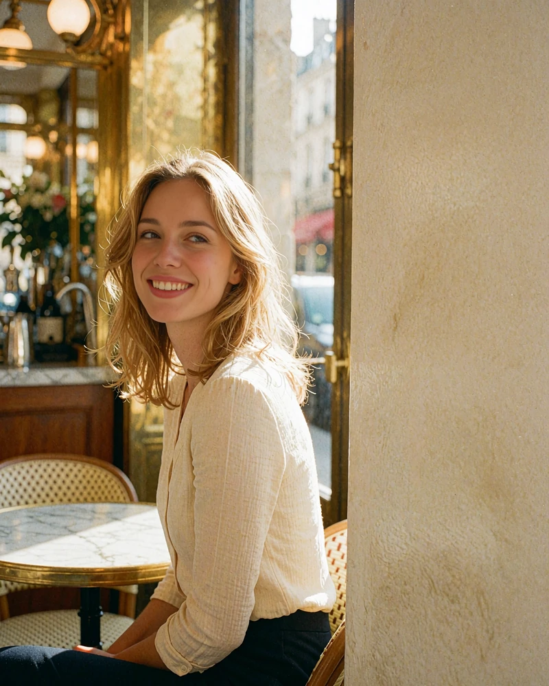Elena smiling at a marble cafe table in a warm European interior