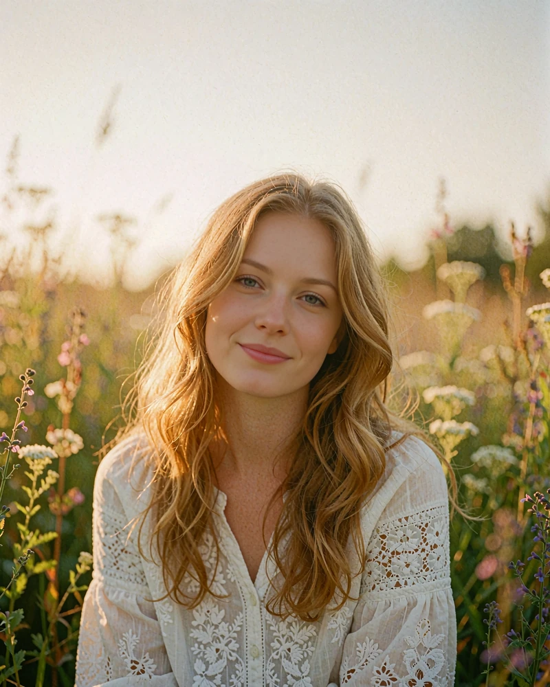 Anna wearing a white embroidered blouse and wildflower wreath in a sunlit meadow