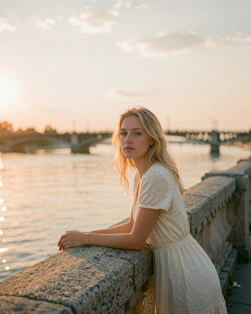 Eszter in an ivory dress beside a riverside balustrade at sunset