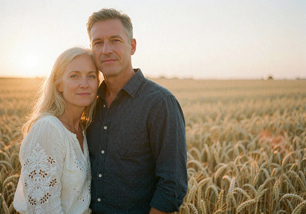 International couple standing close together in a wheat field during golden-hour light