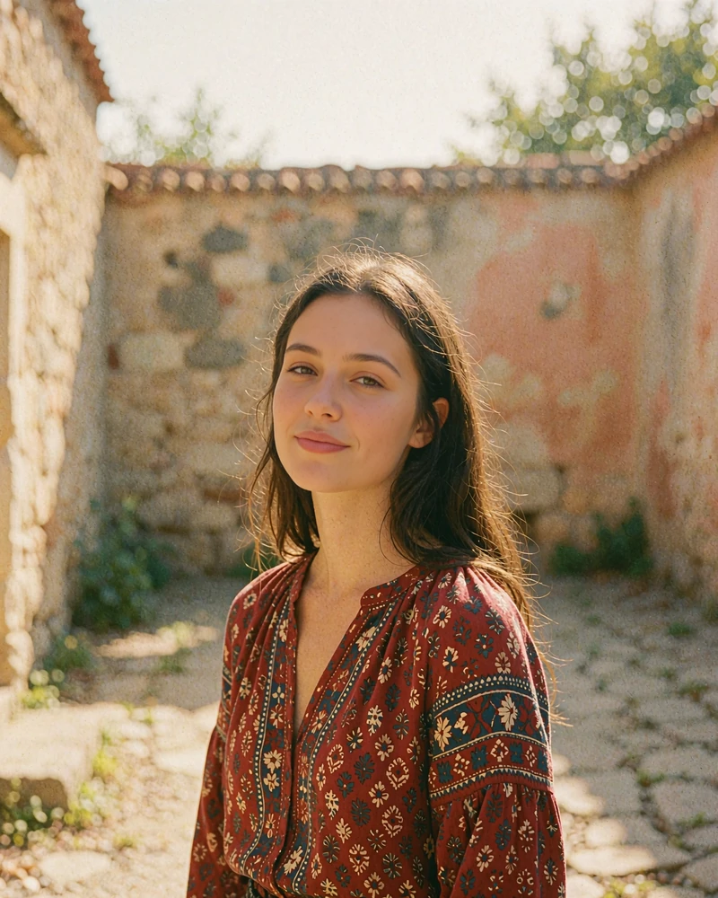 Marta in a deep red patterned blouse standing in a quiet European courtyard